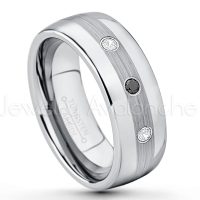 0.21ctw Black & White Diamond 3-Stone Tungsten Ring - April Birthstone Ring - Tungsten Wedding Band - 8mm Polished and Brushed Center Comfort Fit Dome Tungsten Carbide Ring - Men's Anniversary Ring TN022-BD
