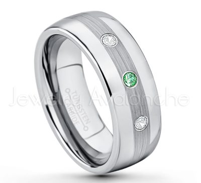 0.21ctw Emerald & Diamond 3-Stone Tungsten Ring - May Birthstone Ring - Tungsten Wedding Band - 8mm Polished and Brushed Center Comfort Fit Dome Tungsten Carbide Ring - Men's Anniversary Ring TN022-ED