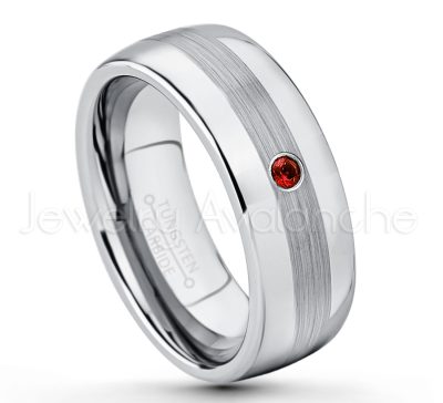 0.21ctw Garnet 3-Stone Tungsten Ring - January Birthstone Ring - Tungsten Wedding Band - 8mm Polished and Brushed Center Comfort Fit Dome Tungsten Carbide Ring - Men's Anniversary Ring TN022-GR
