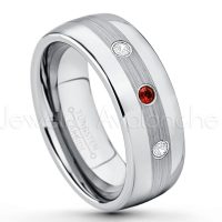 0.21ctw Garnet & Diamond 3-Stone Tungsten Ring - January Birthstone Ring - Tungsten Wedding Band - 8mm Polished and Brushed Center Comfort Fit Dome Tungsten Carbide Ring - Men's Anniversary Ring TN022-GR