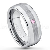 0.07ctw Pink Tourmaline Tungsten Ring - October Birthstone Ring - Tungsten Wedding Band - 8mm Polished and Brushed Center Comfort Fit Dome Tungsten Carbide Ring - Men's Anniversary Ring TN022-PTM