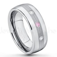 0.21ctw Pink Tourmaline & Diamond 3-Stone Tungsten Ring - October Birthstone Ring - Tungsten Wedding Band - 8mm Polished and Brushed Center Comfort Fit Dome Tungsten Carbide Ring - Men's Anniversary Ring TN022-PTM