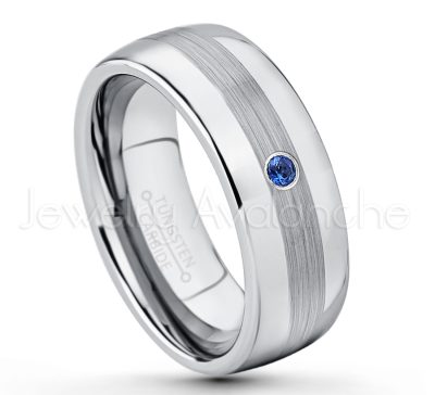 0.21ctw Blue Sapphire 3-Stone Tungsten Ring - September Birthstone Ring - Tungsten Wedding Band - 8mm Polished and Brushed Center Comfort Fit Dome Tungsten Carbide Ring - Men's Anniversary Ring TN022-SP