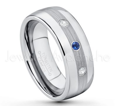 0.21ctw Blue Sapphire 3-Stone Tungsten Ring - September Birthstone Ring - Tungsten Wedding Band - 8mm Polished and Brushed Center Comfort Fit Dome Tungsten Carbide Ring - Men's Anniversary Ring TN022-SP