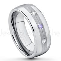 0.21ctw Tanzanite & Diamond 3-Stone Tungsten Ring - December Birthstone Ring - Tungsten Wedding Band - 8mm Polished and Brushed Center Comfort Fit Dome Tungsten Carbide Ring - Men's Anniversary Ring TN022-TZN