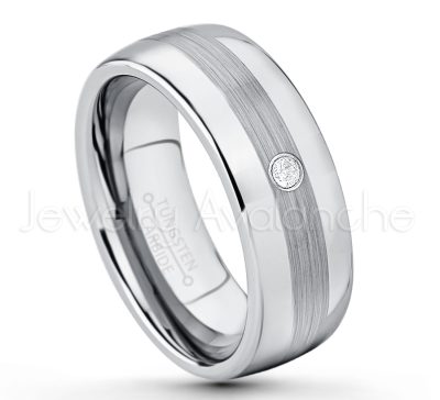 0.07ctw Diamond Tungsten Ring - April Birthstone Ring - Tungsten Wedding Band - 8mm Polished and Brushed Center Comfort Fit Dome Tungsten Carbide Ring - Men's Anniversary Ring TN022-WD