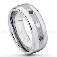 0.21ctw White & Black Diamond 3-Stone Tungsten Ring - April Birthstone Ring - Tungsten Wedding Band - 8mm Polished and Brushed Center Comfort Fit Dome Tungsten Carbide Ring - Men's Anniversary Ring TN022-WD