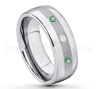 0.07ctw Emerald Tungsten Ring - May Birthstone Ring - Tungsten Wedding Band - 8mm Polished and Brushed Center Comfort Fit Dome Tungsten Carbide Ring - Men's Anniversary Ring TN022-ED