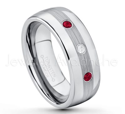 0.07ctw Ruby Tungsten Ring - July Birthstone Ring - Tungsten Wedding Band - 8mm Polished and Brushed Center Comfort Fit Dome Tungsten Carbide Ring - Men's Anniversary Ring TN022-RB