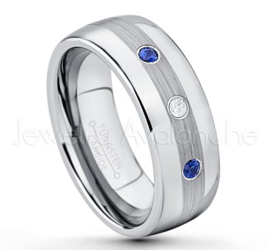 0.21ctw Blue Sapphire 3-Stone Tungsten Ring - September Birthstone Ring - Tungsten Wedding Band - 8mm Polished and Brushed Center Comfort Fit Dome Tungsten Carbide Ring - Men's Anniversary Ring TN022-SP