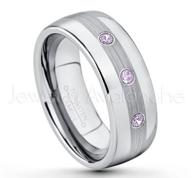 0.21ctw Amethyst 3-Stone Tungsten Ring - February Birthstone Ring - Tungsten Wedding Band - 8mm Polished and Brushed Center Comfort Fit Dome Tungsten Carbide Ring - Men's Anniversary Ring TN022-AMT