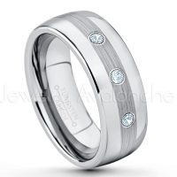 0.21ctw Aquamarine 3-Stone Tungsten Ring - March Birthstone Ring - Tungsten Wedding Band - 8mm Polished and Brushed Center Comfort Fit Dome Tungsten Carbide Ring - Men's Anniversary Ring TN022-AQM