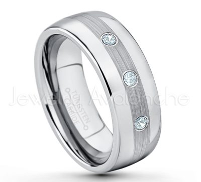 0.21ctw Aquamarine 3-Stone Tungsten Ring - March Birthstone Ring - Tungsten Wedding Band - 8mm Polished and Brushed Center Comfort Fit Dome Tungsten Carbide Ring - Men's Anniversary Ring TN022-AQM