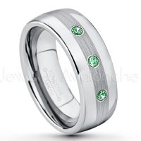 0.21ctw Emerald 3-Stone Tungsten Ring - May Birthstone Ring - Tungsten Wedding Band - 8mm Polished and Brushed Center Comfort Fit Dome Tungsten Carbide Ring - Men's Anniversary Ring TN022-ED