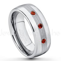 0.21ctw Garnet 3-Stone Tungsten Ring - January Birthstone Ring - Tungsten Wedding Band - 8mm Polished and Brushed Center Comfort Fit Dome Tungsten Carbide Ring - Men's Anniversary Ring TN022-GR