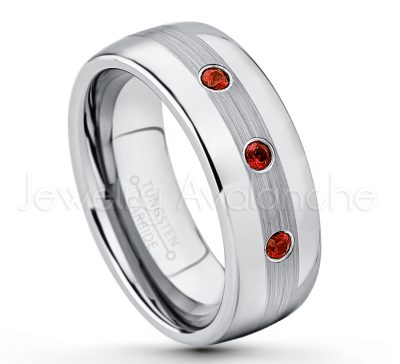 0.07ctw Garnet Tungsten Ring - January Birthstone Ring - Tungsten Wedding Band - 8mm Polished and Brushed Center Comfort Fit Dome Tungsten Carbide Ring - Men's Anniversary Ring TN022-GR