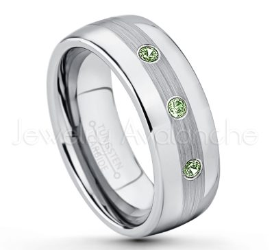 0.21ctw Green Tourmaline & Diamond 3-Stone Tungsten Ring - October Birthstone Ring - Tungsten Wedding Band - 8mm Polished and Brushed Center Comfort Fit Dome Tungsten Carbide Ring - Men's Anniversary Ring TN022-GTM