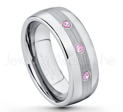 0.21ctw Pink Tourmaline 3-Stone Tungsten Ring - October Birthstone Ring - Tungsten Wedding Band - 8mm Polished and Brushed Center Comfort Fit Dome Tungsten Carbide Ring - Men's Anniversary Ring TN022-PTM