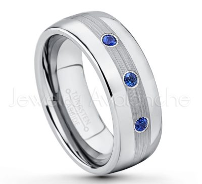 0.21ctw Blue Sapphire & Diamond 3-Stone Tungsten Ring - September Birthstone Ring - Tungsten Wedding Band - 8mm Polished and Brushed Center Comfort Fit Dome Tungsten Carbide Ring - Men's Anniversary Ring TN022-SP