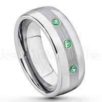 0.21ctw Tsavorite 3-Stone Tungsten Ring - January Birthstone Ring - Tungsten Wedding Band - 8mm Polished and Brushed Center Comfort Fit Dome Tungsten Carbide Ring - Men's Anniversary Ring TN022-TVR