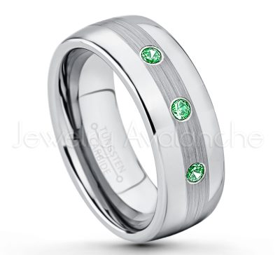 0.21ctw Tsavorite & Diamond 3-Stone Tungsten Ring - January Birthstone Ring - Tungsten Wedding Band - 8mm Polished and Brushed Center Comfort Fit Dome Tungsten Carbide Ring - Men's Anniversary Ring TN022-TVR