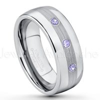 0.21ctw Tanzanite 3-Stone Tungsten Ring - December Birthstone Ring - Tungsten Wedding Band - 8mm Polished and Brushed Center Comfort Fit Dome Tungsten Carbide Ring - Men's Anniversary Ring TN022-TZN
