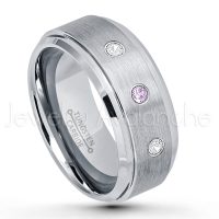 0.21ctw Amethyst & Diamond 3-Stone Tungsten Ring - February Birthstone Ring - 9mm Tungsten Wedding Band - Brushed Finish Comfort Fit Tungsten Carbide Ring - Beveled Edge Men's Anniversary Ring TN023-AMT
