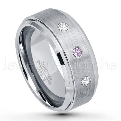 0.07ctw Amethyst Tungsten Ring - February Birthstone Ring - 9mm Tungsten Wedding Band - Brushed Finish Comfort Fit Tungsten Carbide Ring - Beveled Edge Men's Anniversary Ring TN023-AMT