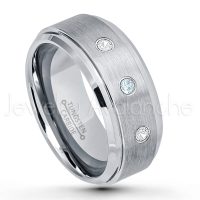 0.21ctw Aquamarine & Diamond 3-Stone Tungsten Ring - March Birthstone Ring - 9mm Tungsten Wedding Band - Brushed Finish Comfort Fit Tungsten Carbide Ring - Beveled Edge Men's Anniversary Ring TN023-AQM