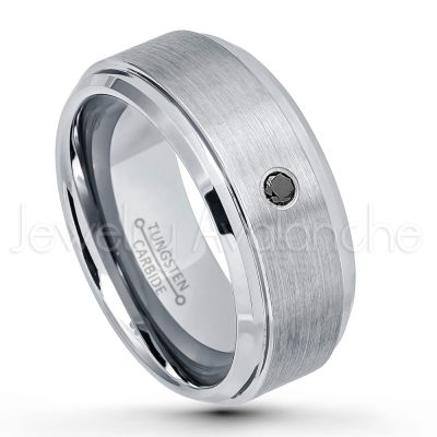 0.21ctw Black & White Diamond 3-Stone Tungsten Ring - April Birthstone Ring - 9mm Tungsten Wedding Band - Brushed Finish Comfort Fit Tungsten Carbide Ring - Beveled Edge Men's Anniversary Ring TN023-BD