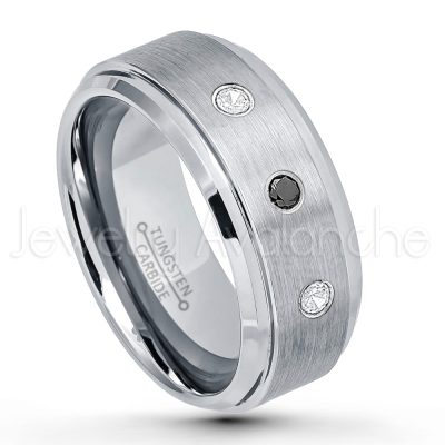 0.21ctw White & Black Diamond 3-Stone Tungsten Ring - April Birthstone Ring - 9mm Tungsten Wedding Band - Brushed Finish Comfort Fit Tungsten Carbide Ring - Beveled Edge Men's Anniversary Ring TN023-WD