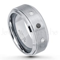 0.21ctw Black & White Diamond 3-Stone Tungsten Ring - April Birthstone Ring - 9mm Tungsten Wedding Band - Brushed Finish Comfort Fit Tungsten Carbide Ring - Beveled Edge Men's Anniversary Ring TN023-BD