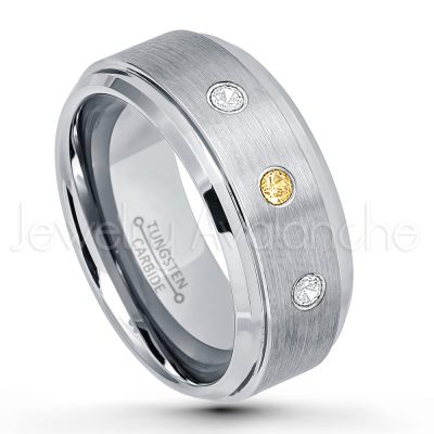 0.21ctw Citrine 3-Stone Tungsten Ring - November Birthstone Ring - 9mm Tungsten Wedding Band - Brushed Finish Comfort Fit Tungsten Carbide Ring - Beveled Edge Men's Anniversary Ring TN023-CN