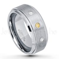 0.21ctw Citrine & Diamond 3-Stone Tungsten Ring - November Birthstone Ring - 9mm Tungsten Wedding Band - Brushed Finish Comfort Fit Tungsten Carbide Ring - Beveled Edge Men's Anniversary Ring TN023-CN