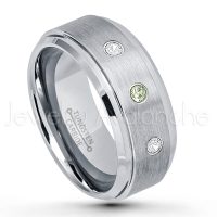0.21ctw Peridot & Diamond 3-Stone Tungsten Ring - August Birthstone Ring - 9mm Tungsten Wedding Band - Brushed Finish Comfort Fit Tungsten Carbide Ring - Beveled Edge Men's Anniversary Ring TN023-PD