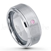 0.07ctw Pink Tourmaline Tungsten Ring - October Birthstone Ring - 9mm Tungsten Wedding Band - Brushed Finish Comfort Fit Tungsten Carbide Ring - Beveled Edge Men's Anniversary Ring TN023-PTM