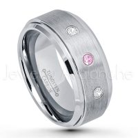 0.21ctw Pink Tourmaline & Diamond 3-Stone Tungsten Ring - October Birthstone Ring - 9mm Tungsten Wedding Band - Brushed Finish Comfort Fit Tungsten Carbide Ring - Beveled Edge Men's Anniversary Ring TN023-PTM