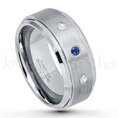 0.07ctw Blue Sapphire Tungsten Ring - September Birthstone Ring - 9mm Tungsten Wedding Band - Brushed Finish Comfort Fit Tungsten Carbide Ring - Beveled Edge Men's Anniversary Ring TN023-SP