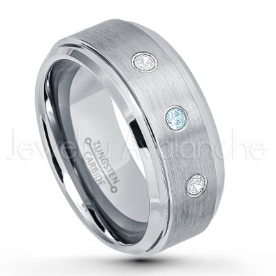 0.21ctw Topaz & Diamond 3-Stone Tungsten Ring - November Birthstone Ring - 9mm Tungsten Wedding Band - Brushed Finish Comfort Fit Tungsten Carbide Ring - Beveled Edge Men's Anniversary Ring TN023-TP