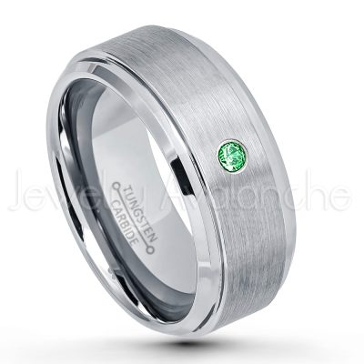 0.21ctw Tsavorite & Diamond 3-Stone Tungsten Ring - January Birthstone Ring - 9mm Tungsten Wedding Band - Brushed Finish Comfort Fit Tungsten Carbide Ring - Beveled Edge Men's Anniversary Ring TN023-TVR