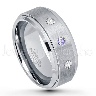 0.07ctw Tanzanite Tungsten Ring - December Birthstone Ring - 9mm Tungsten Wedding Band - Brushed Finish Comfort Fit Tungsten Carbide Ring - Beveled Edge Men's Anniversary Ring TN023-TZN