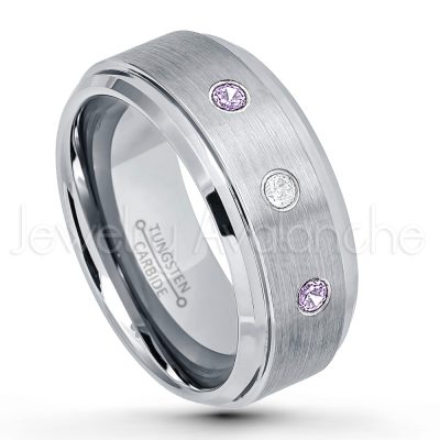 0.21ctw Amethyst & Diamond 3-Stone Tungsten Ring - February Birthstone Ring - 9mm Tungsten Wedding Band - Brushed Finish Comfort Fit Tungsten Carbide Ring - Beveled Edge Men's Anniversary Ring TN023-AMT