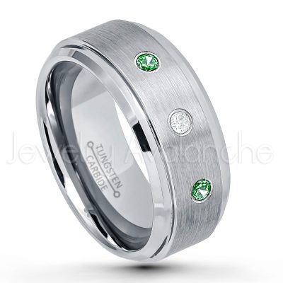 0.21ctw Emerald 3-Stone Tungsten Ring - May Birthstone Ring - 9mm Tungsten Wedding Band - Brushed Finish Comfort Fit Tungsten Carbide Ring - Beveled Edge Men's Anniversary Ring TN023-ED