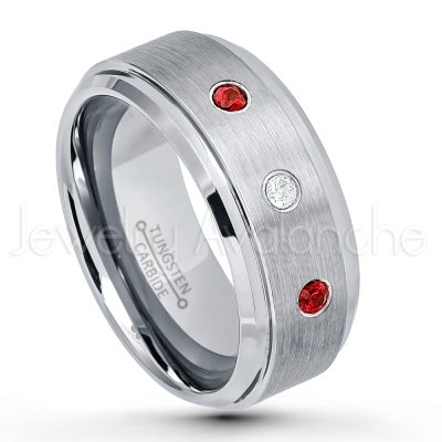 0.21ctw Garnet & Diamond 3-Stone Tungsten Ring - January Birthstone Ring - 9mm Tungsten Wedding Band - Brushed Finish Comfort Fit Tungsten Carbide Ring - Beveled Edge Men's Anniversary Ring TN023-GR