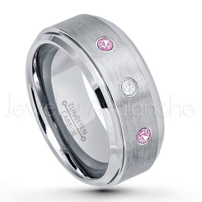 0.21ctw Pink Tourmaline & Diamond 3-Stone Tungsten Ring - October Birthstone Ring - 9mm Tungsten Wedding Band - Brushed Finish Comfort Fit Tungsten Carbide Ring - Beveled Edge Men's Anniversary Ring TN023-PTM