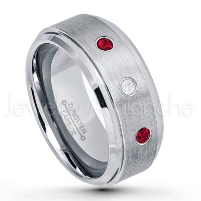 0.07ctw Ruby Tungsten Ring - July Birthstone Ring - 9mm Tungsten Wedding Band - Brushed Finish Comfort Fit Tungsten Carbide Ring - Beveled Edge Men's Anniversary Ring TN023-RB