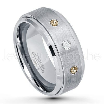 0.21ctw Smokey Quartz 3-Stone Tungsten Ring - November Birthstone Ring - 9mm Tungsten Wedding Band - Brushed Finish Comfort Fit Tungsten Carbide Ring - Beveled Edge Men's Anniversary Ring TN023-SMQ