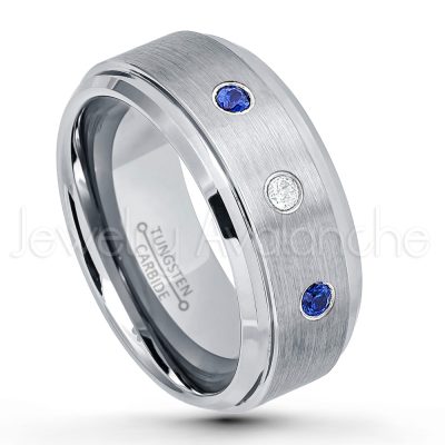 0.21ctw Blue Sapphire 3-Stone Tungsten Ring - September Birthstone Ring - 9mm Tungsten Wedding Band - Brushed Finish Comfort Fit Tungsten Carbide Ring - Beveled Edge Men's Anniversary Ring TN023-SP