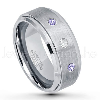 0.21ctw Tanzanite & Diamond 3-Stone Tungsten Ring - December Birthstone Ring - 9mm Tungsten Wedding Band - Brushed Finish Comfort Fit Tungsten Carbide Ring - Beveled Edge Men's Anniversary Ring TN023-TZN