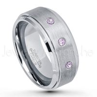 0.21ctw Amethyst 3-Stone Tungsten Ring - February Birthstone Ring - 9mm Tungsten Wedding Band - Brushed Finish Comfort Fit Tungsten Carbide Ring - Beveled Edge Men's Anniversary Ring TN023-AMT